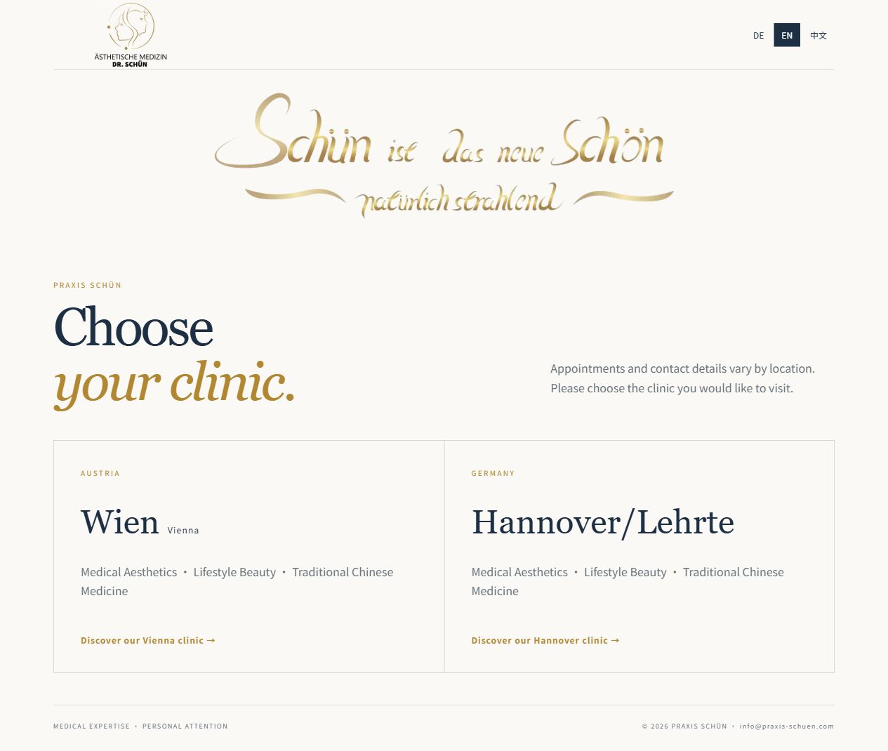 Actual Praxis Schün homepage, with language choices and clinic entrances for Vienna and Hannover