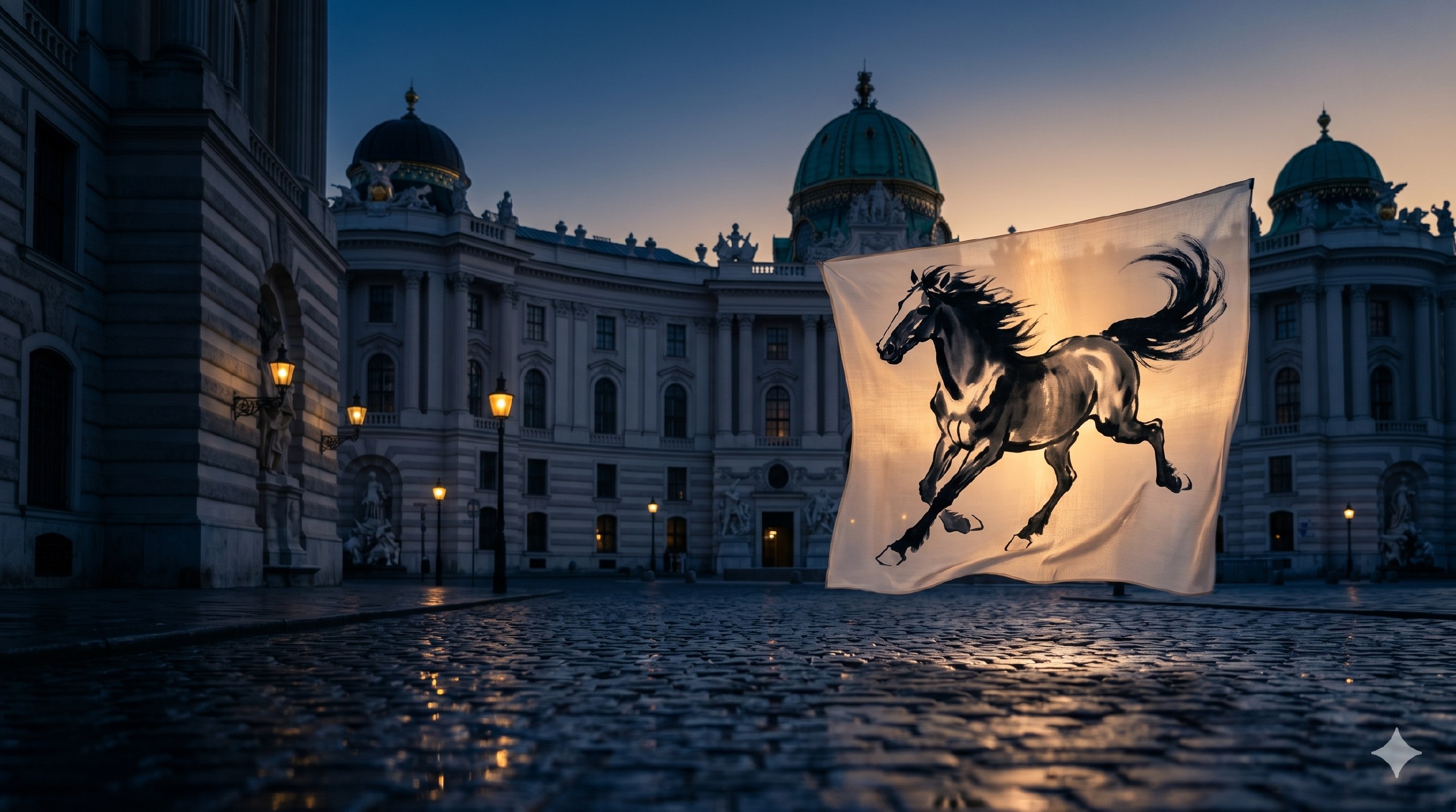 Xu Beihong website homepage hero: an ink horse banner against Vienna architecture